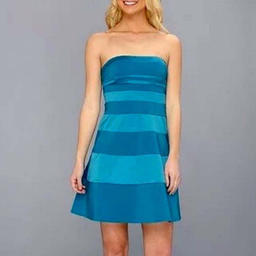 Jessica Simpson Teal Blue Striped Strapless A-Line Cocktail Party Dress 14 NWT